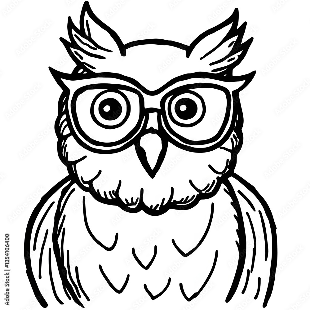 Fototapeta premium Owl with Glasses, Black and White Line Art Illustration