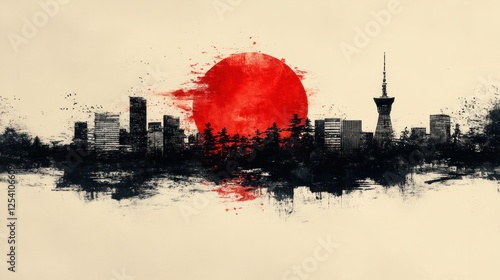 Red sun sets over city skyline, ink wash painting style.