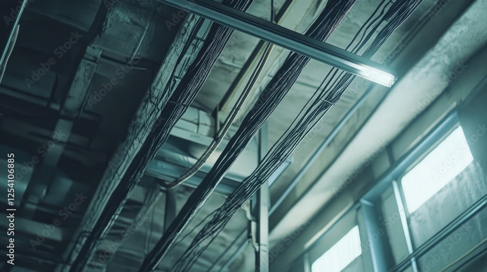 Installation of electrical wiring on the ceiling, displaying a well-organized industrial cable system Installation of electrical wiring on the ceiling, displaying a well-organized industrial cable system