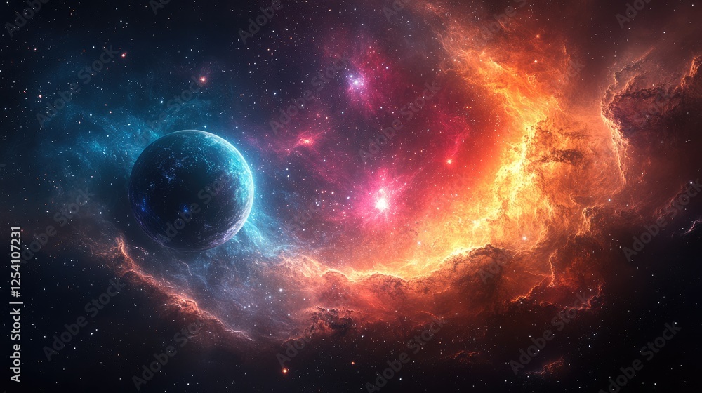 A vibrant cosmic scene featuring a planet amidst colorful nebulae and star formations. A vibrant cosmic scene featuring a planet amidst colorful nebulae and star formations.