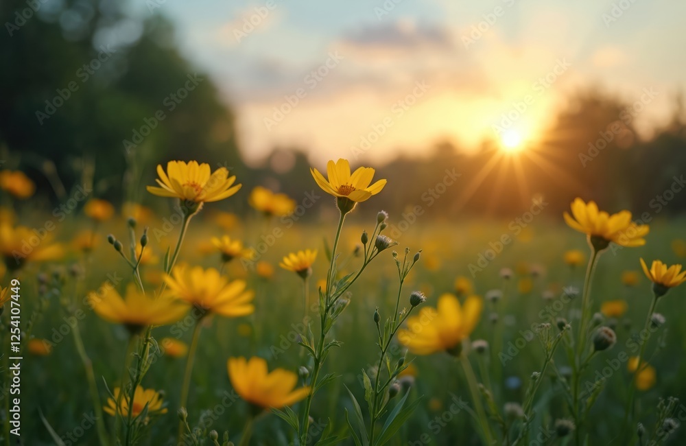Fototapeta premium Abstract sunset field landscape of yellow flowers and grass meadow on warm golden hour time. Tranquil spring summer nature closeup and blurred forest background. Idyllic nature on sunset.