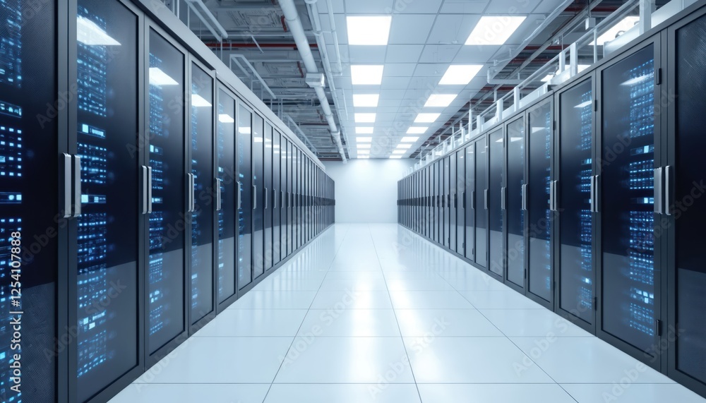 Fototapeta premium Modern server room features neatly organized racks cables under soft white lighting. Futuristic tech-savvy environment. infrastructure for computing, digital information processing, management. Data