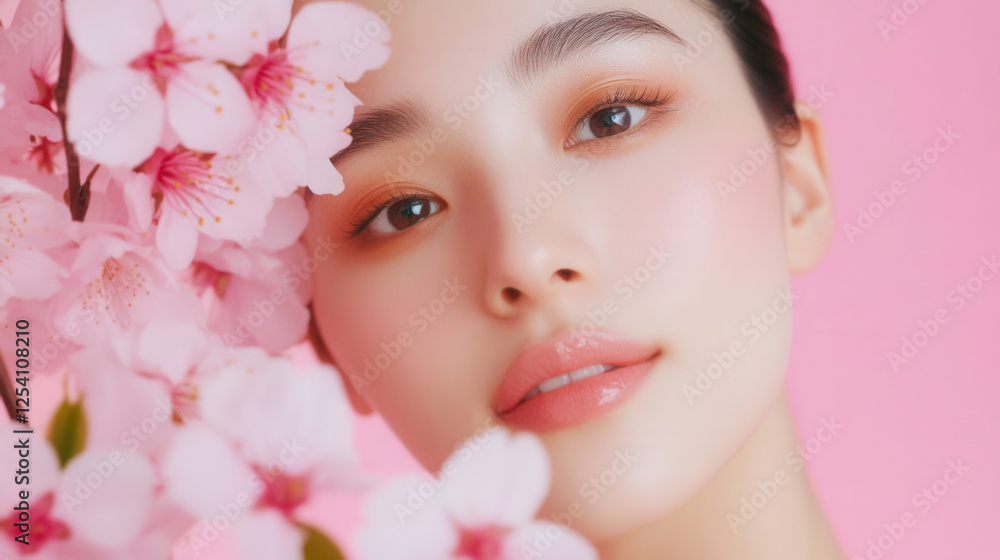Elegant beauty with blossoms on pink background Elegant beauty with blossoms on pink background