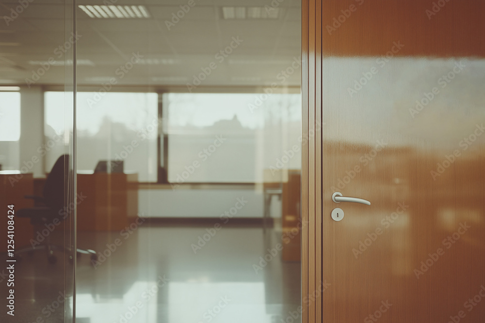 Modern Office Interior: View through a glass partition into a minimalist, contemporary office space. The sleek design features wooden furniture and large windows providing ample natural light. Modern Office Interior: View through a glass partition into a minimalist, contemporary office space. The sleek design features wooden furniture and large windows providing ample natural light.