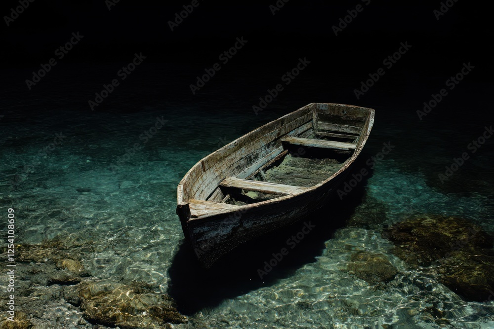 Obraz premium Old Wooden Rowboat Rests In Dark Still Water