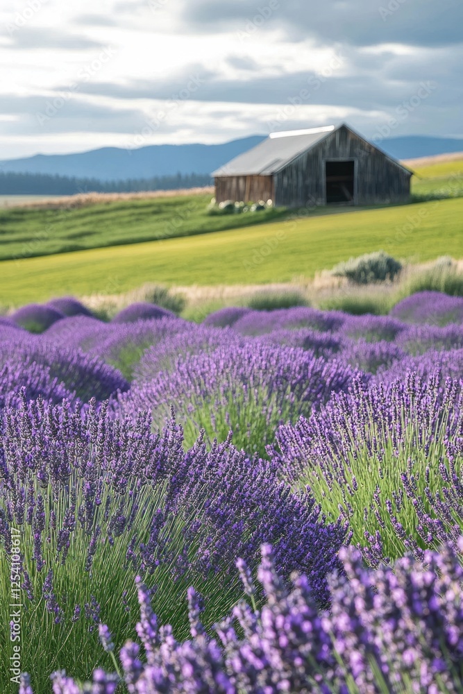 Lavender field, rustic barn, rolling hills, summer harvest, postcard Lavender field, rustic barn, rolling hills, summer harvest, postcard