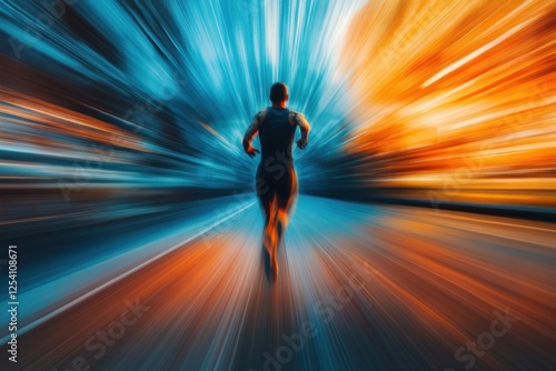 Runner in motion blur, speed, energy, vibrant colors.