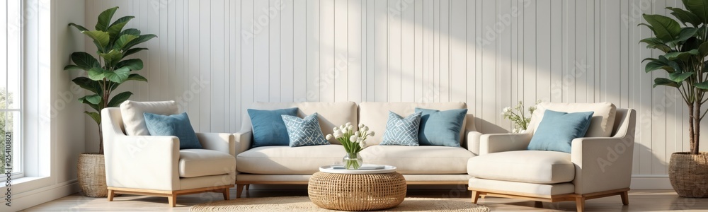 Naklejka premium Illustration of coastal design living room with sofa, armchairs, plants. Cozy home interior with white wall, wooden floor. Hampton style furniture and decor with blue pillows.