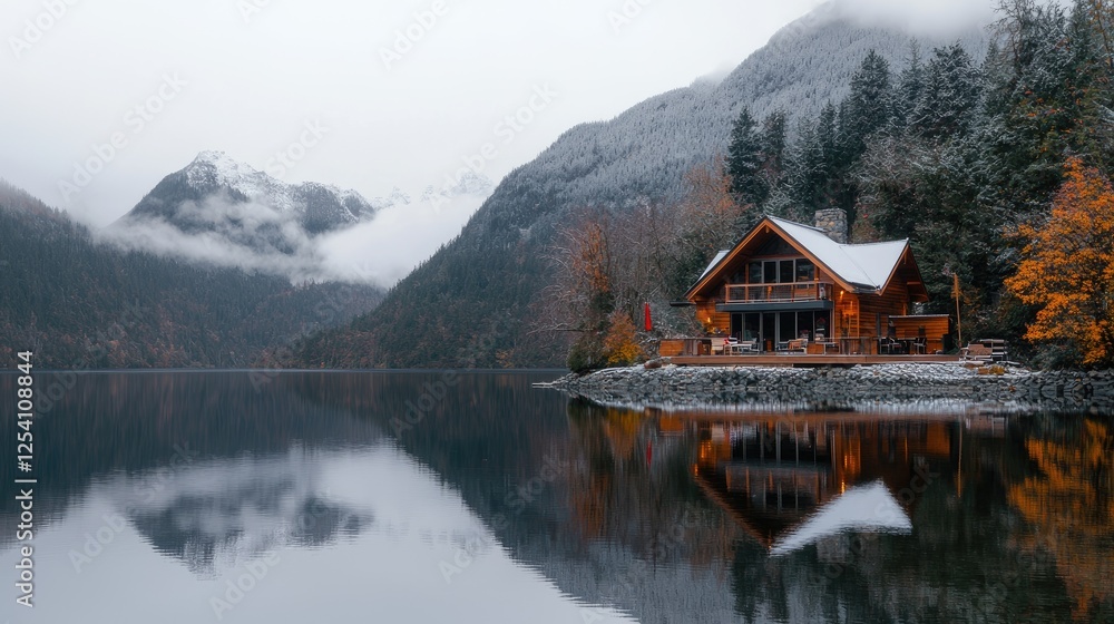 Fototapeta premium Mountain lake cabin autumn reflection