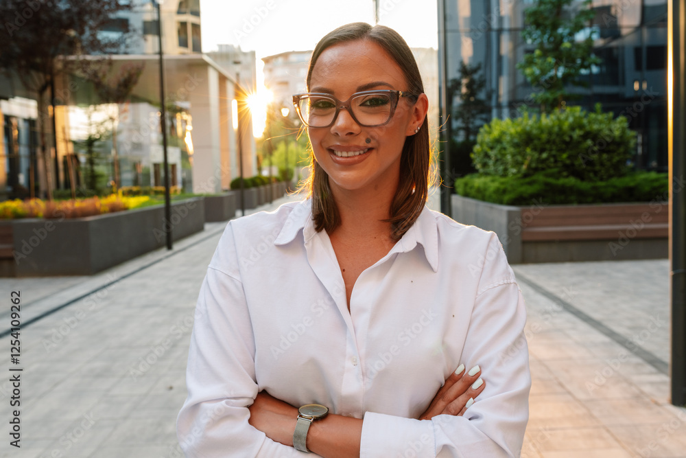 Smiling businesswoman posing with arms crossed in a modern city Smiling businesswoman posing with arms crossed in a modern city