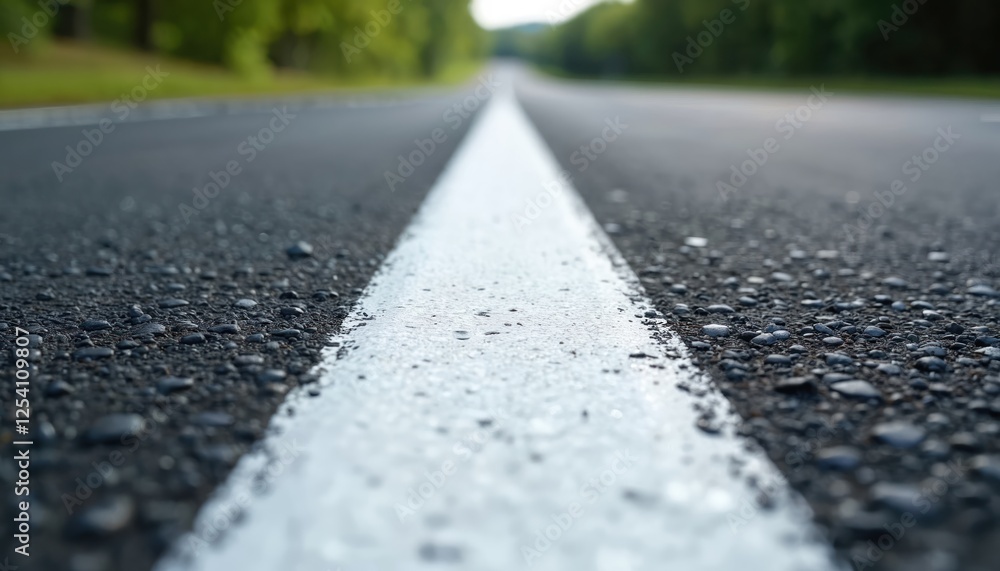 Fototapeta premium Detailed asphalt road with white thermoplastic marking. Fresh paint, safety line on highway. Newly applied street surface with a clean, smooth texture for infrastructure projects.