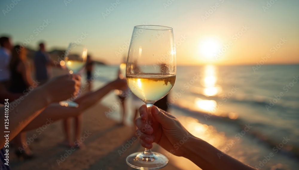 Obraz premium Hand holding wine glass at sunset, celebration. People enjoy golden hour by seaside. Toast with glasses, relax at twilight. Summer vacation, serenity, happy evening mood on picturesque ocean beach.