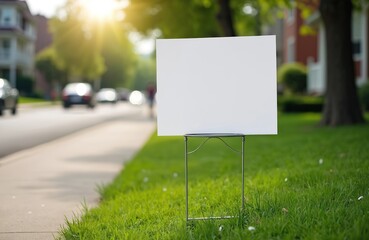 Blank yard sign on green grass lawn near walking path, city street. Empty signboard template, outdoor advertising. Sunny day. Commercial, political or social message, marketing template.