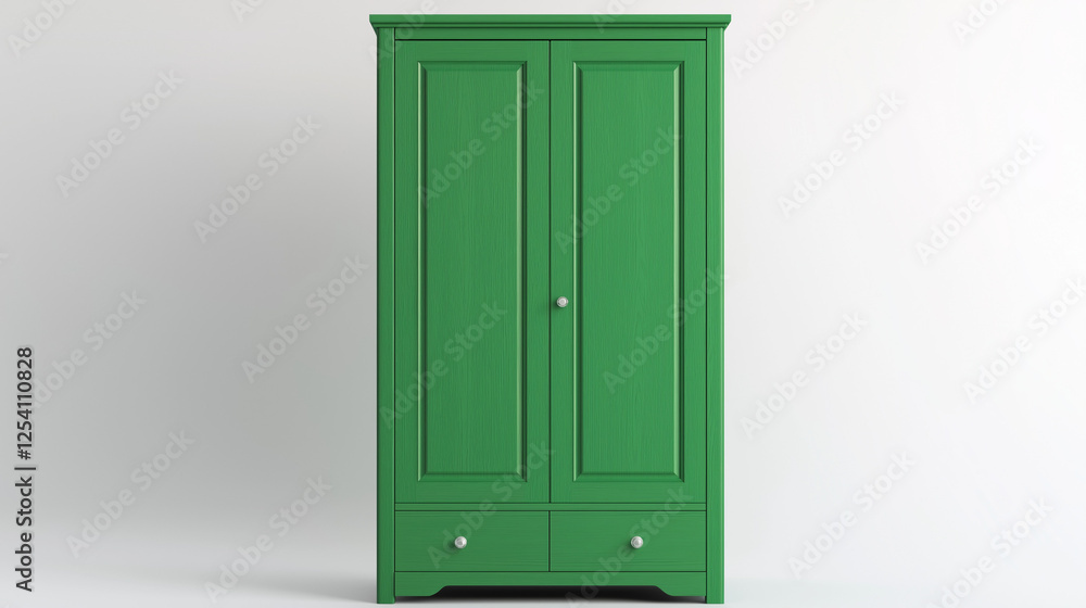 Fototapeta premium modern green cabinet wardrobe isolated on white background , Closet furniture with doors and drawers