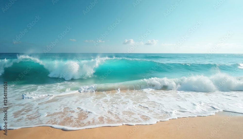 Ocean waves rolling onto sandy beach under bright sky. Refreshing coastal scene gives energy, calm, summer mood. Perfect background for vacation and tropical themes. Ocean waves rolling onto sandy beach under bright sky. Refreshing coastal scene gives energy, calm, summer mood. Perfect background for vacation and tropical themes.