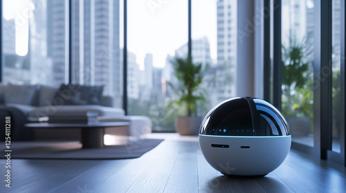 A futuristic virtual assistant helping users with everyday tasks, seamlessly integrating into home environments through smart devices and voice commands. photo