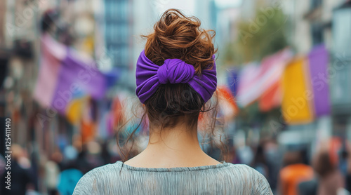 Photo of a woman from behind, with a purple headband on her head, International Women's Day. March 8, street background, background flags. feminine power. positive energy photo