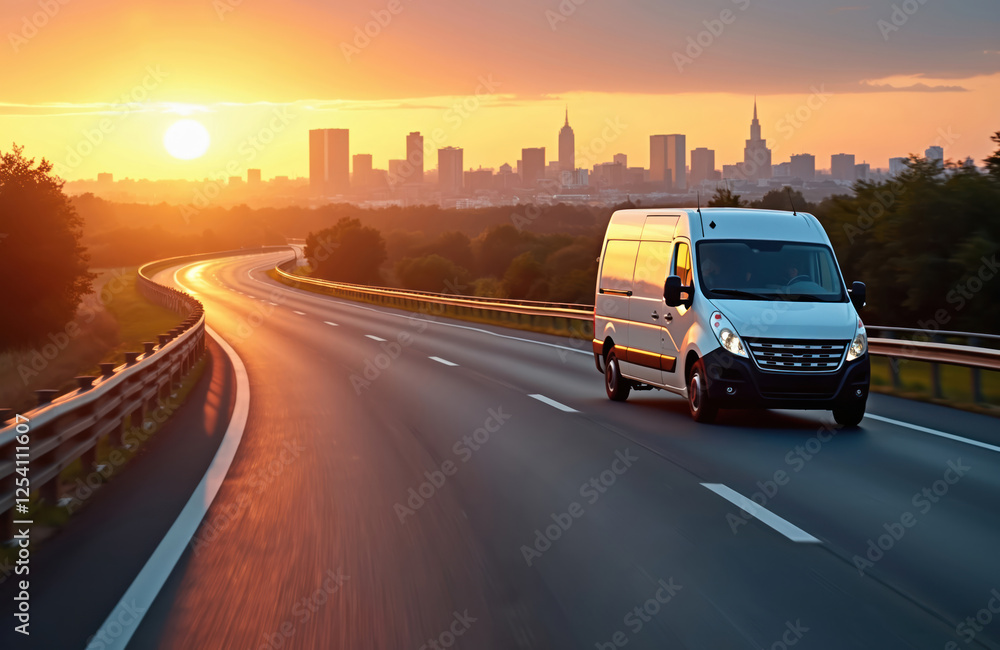 Obraz premium Delivery van drives asphalt road on sunset. Transport vehicle moves fast to big city. E-commerce service and fast logistic concept. Cargo car delivers freight.