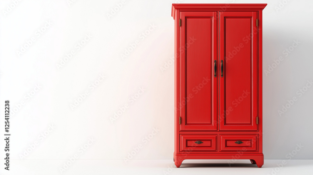 Obraz premium modern red cabinet wardrobe With Shelves isolated on white background , Closet furniture with doors and drawers