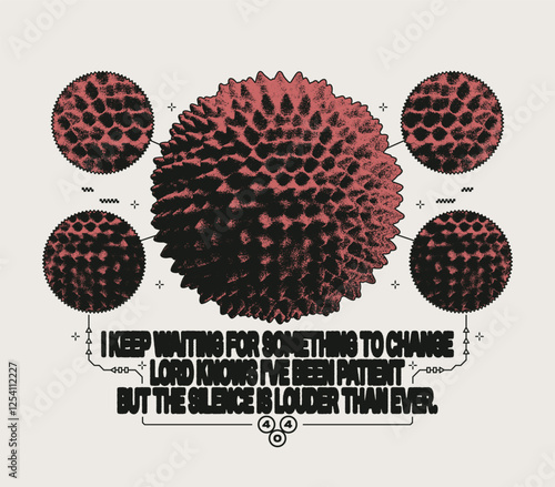Grunge spiked sphere print. Abstract halftone graphic design resembling planet and liquid zoom effect. Vector