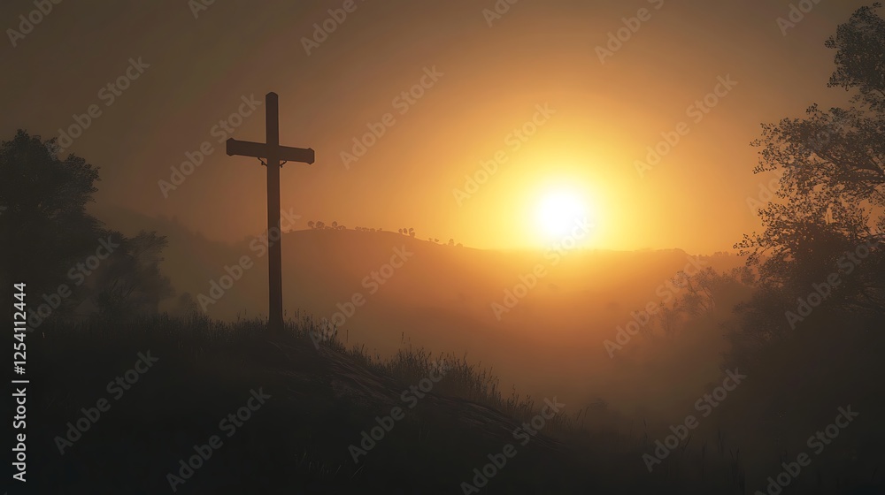 Cross on hilltop with rising sun creating glowing silhouette Cross on hilltop with rising sun creating glowing silhouette