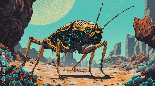 Insectoid alien with hive mind technology on a planet with vast subterranean tunnels and bioluminescent flora. Insectoid Metropolises. Illustration photo