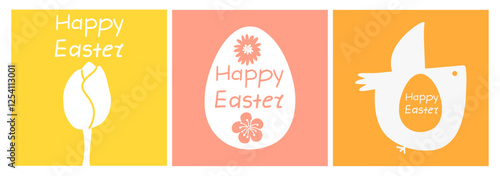 Set of Easter minimalistic stylish cards with Easter egg, bird and tulip. Vector hand-drawn design