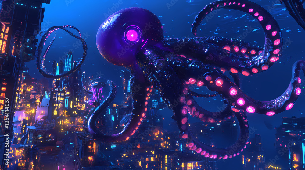 Squidlike alien with cybernetic tentacles on an oceanic planet with underwater cities and bioluminescent marine life. Insectoid Metropolises. Illustration Squidlike alien with cybernetic tentacles on an oceanic planet with underwater cities and bioluminescent marine life. Insectoid Metropolises. Illustration