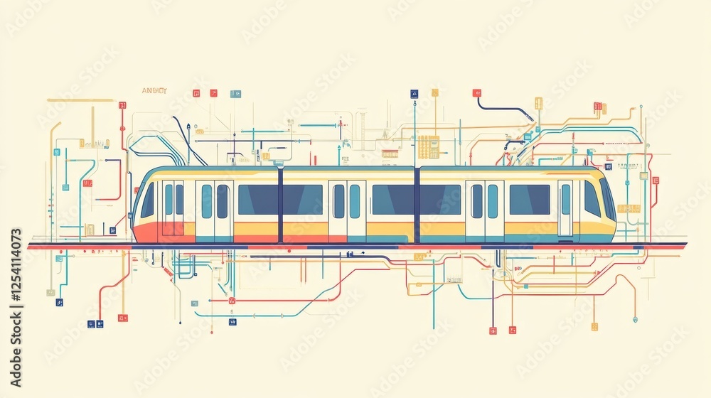 Obraz premium Metro station layout and subway map illustration featuring a colorful underground train design. Generative AI