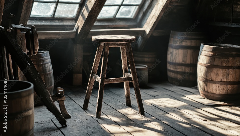 Sunlit Attic with Wooden Stool and Barrels: A Rustic Scene Sunlit Attic with Wooden Stool and Barrels: A Rustic Scene