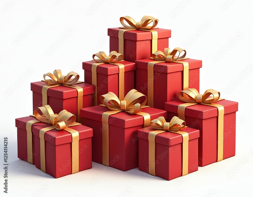 Stack of beautifully wrapped red gift boxes with golden ribbons. Attractively enclosed presents, celebration ornaments. Showcase gesture thoughtfulness, surprise, seasonal festive holiday colourful Stack of beautifully wrapped red gift boxes with golden ribbons. Attractively enclosed presents, celebration ornaments. Showcase gesture thoughtfulness, surprise, seasonal festive holiday colourful