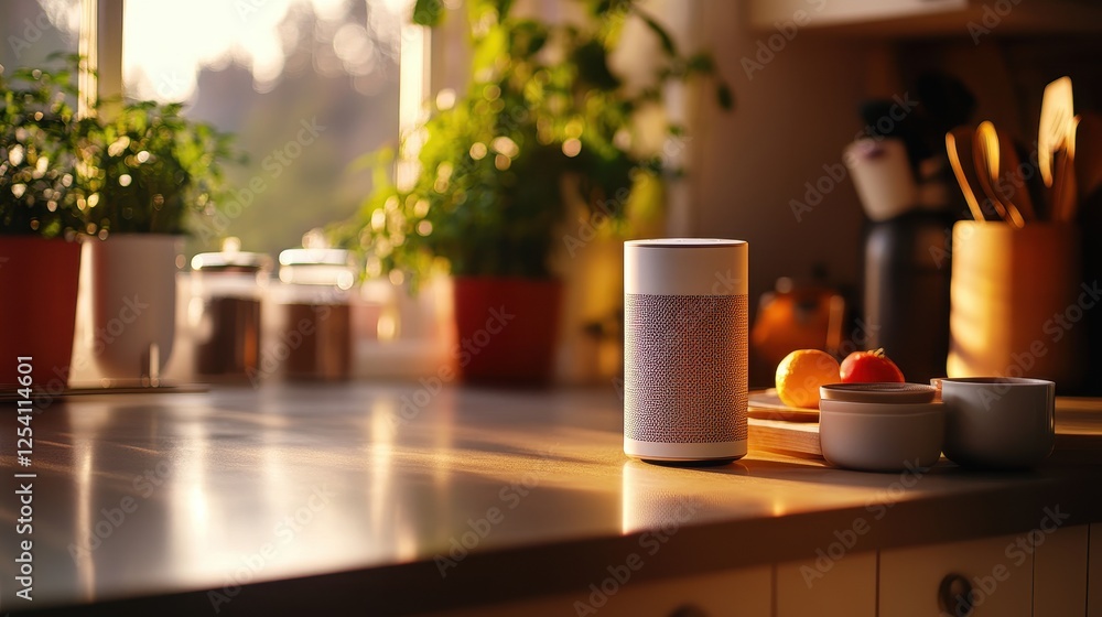 Voice Assistants A smart speaker on a kitchen counter, responding to a voice command to control lighting and other smart home functions. Voice Assistants A smart speaker on a kitchen counter, responding to a voice command to control lighting and other smart home functions.