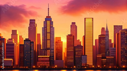 city skyline at sunset, with tall buildings illuminated by the warm glow of the setting sun. The sky is filled with vibrant orange and pink hues, creating a stunning and picturesque scene. 