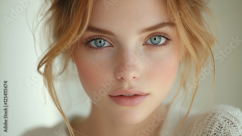 Close-up portrait of a young woman with natural beauty.  Soft lighting.  Light-toned background.  Possible use  beauty, fashion photo