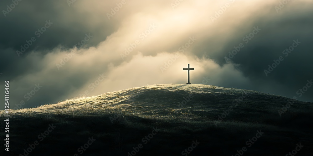 Obraz premium Glowing cross with sunlight over empty tomb