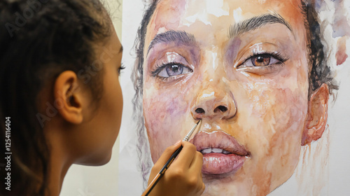 A student painting a portrait with watercolors, focusing on the subtle gradation of skin tones and blending soft colors for a realistic effect. photo