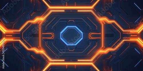 Abstract futuristic tech background with glowing orange and blue lines.