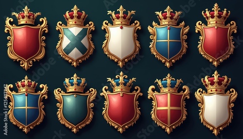 Collection of elegant heraldic shields, crests, badges in various styles, shapes. Perfect visual royal coat of arms template. Family history, genealogy, kingdom, nobility elements.