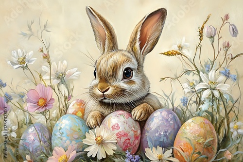 Cute bunny with Easter eggs and flowers