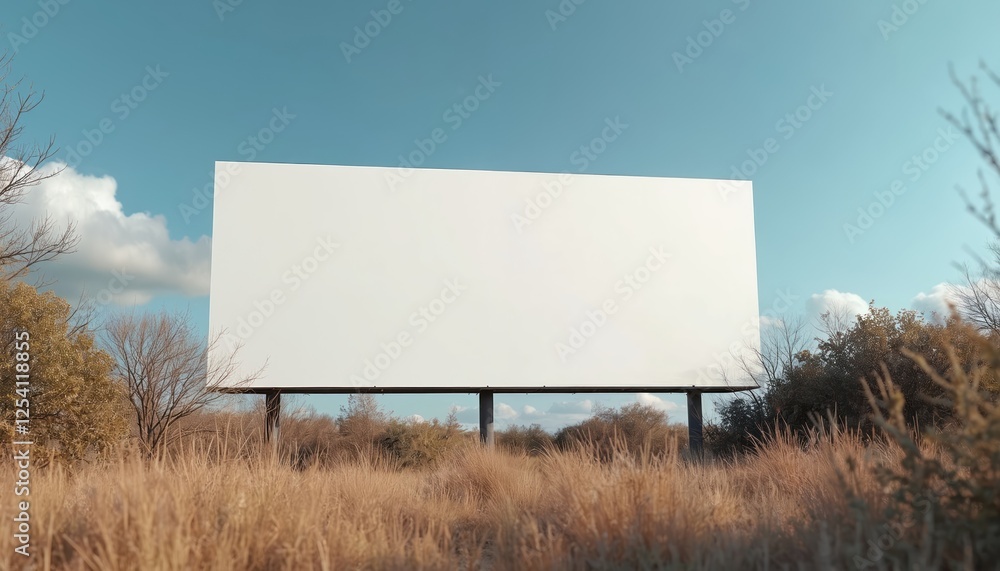Outdoor blank billboard mockup for advertising campaign. Empty white sign against blue sky near road in field with grass, bushes, and trees. Space for commercial poster. Outdoor blank billboard mockup for advertising campaign. Empty white sign against blue sky near road in field with grass, bushes, and trees. Space for commercial poster.