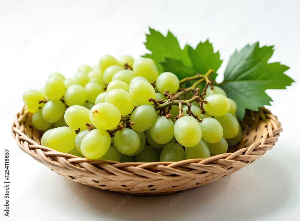 Close-up of shine muscat grapes with leaves in bamboo basket. Green berries, fresh juicy fruits from South Korea. Sweet healthy dessert, natural organic food. Close-up of shine muscat grapes with leaves in bamboo basket. Green berries, fresh juicy fruits from South Korea. Sweet healthy dessert, natural organic food.