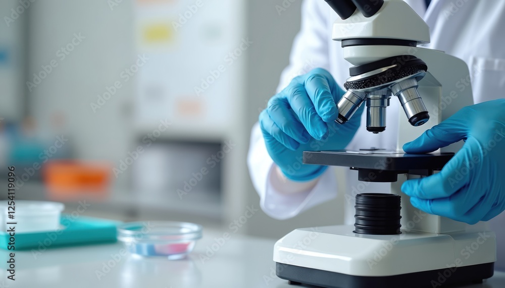Lab worker examines sample under microscope. Scientist in gloves conducts medical research at hospital lab. Pharmaceutical tech analyzes virus specimen in clinic. Lab worker examines sample under microscope. Scientist in gloves conducts medical research at hospital lab. Pharmaceutical tech analyzes virus specimen in clinic.