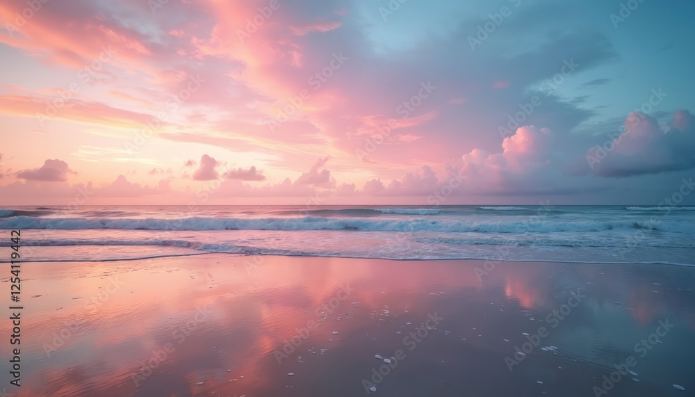 Scenic view of ocean beach at soft sunrise with vibrant colors reflecting in calm water and wet sand. Summer vacation relaxation background. Azure sky with pink clouds. Scenic view of ocean beach at soft sunrise with vibrant colors reflecting in calm water and wet sand. Summer vacation relaxation background. Azure sky with pink clouds.