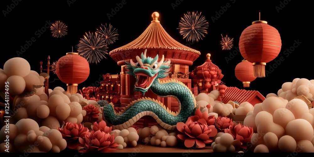 Obraz premium Vibrant display of traditional elements celebrating Chinese New Year with colorful lanterns and a majestic dragon