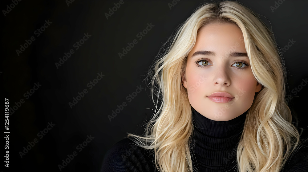 Blonde woman portrait, turtleneck, dark background, studio shot, for beauty ads Blonde woman portrait, turtleneck, dark background, studio shot, for beauty ads