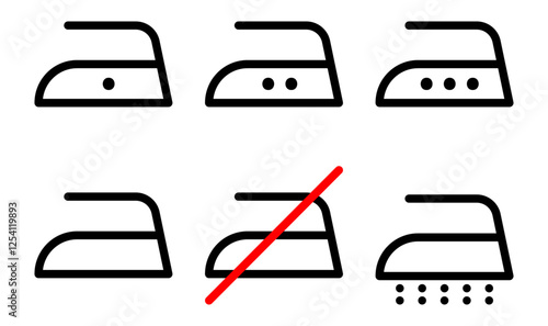 Iron icons set. Steam sign. Low, medium and high temperature sign. Do not iron, no ironing laundry vector symbol. Editable stroke. 