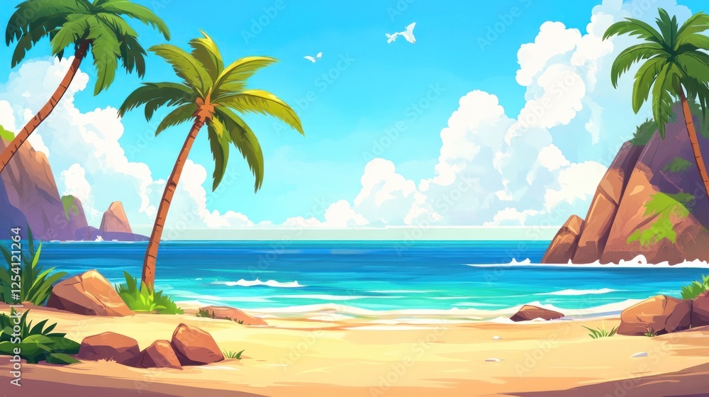 Idyllic Tropical Beach Scene With Palm Trees And Ocean Idyllic Tropical Beach Scene With Palm Trees And Ocean
