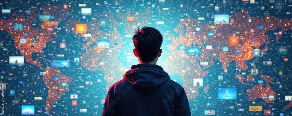 custom made wallpaper toronto digitalBack view of young man watching digital Earth map with social media content. Network connects global world, people online. Concept of news, communication, connection, community, cyberspace.