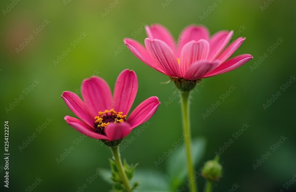 Two pink flowers bloom against a green background. These red flower petals offer a vibrant spring color splash. Floral blossom in a garden or park, vivid nature scenery. Two pink flowers bloom against a green background. These red flower petals offer a vibrant spring color splash. Floral blossom in a garden or park, vivid nature scenery.