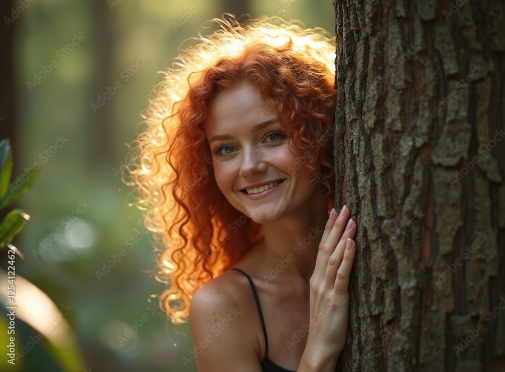 Portrait of redhead young woman hugging tree trunk in summer forest with friendly smile. Girl relax in nature. Forest bathing wellness therapy, shinrin-yoku meditation. Portrait of redhead young woman hugging tree trunk in summer forest with friendly smile. Girl relax in nature. Forest bathing wellness therapy, shinrin-yoku meditation.
